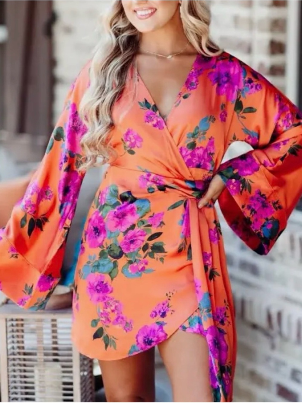 Stunning Buddy Love Floral Wrap Mini Dress - Orange & Pink Satin